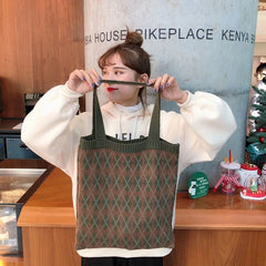 Shoulder Bags Women Vintage Knitted Winter Plaid Ins All-match Casual Tote Bag S