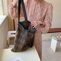 Shoulder Bags Women Vintage Knitted Winter Plaid Ins All-match Casual Tote Bag S