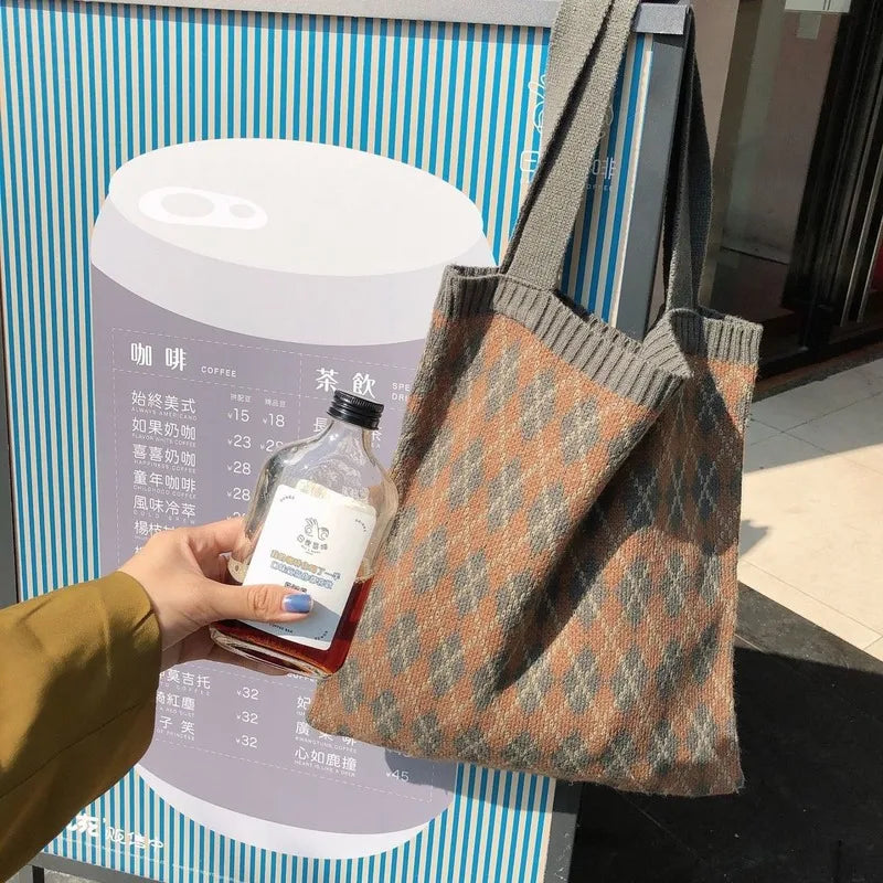 Shoulder Bags Women Vintage Knitted Winter Plaid Ins All-match Casual Tote Bag S