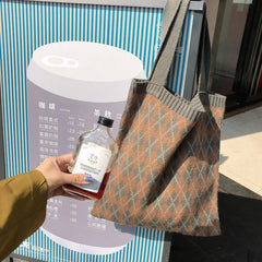 Shoulder Bags Women Vintage Knitted Winter Plaid Ins All-match Casual Tote Bag S