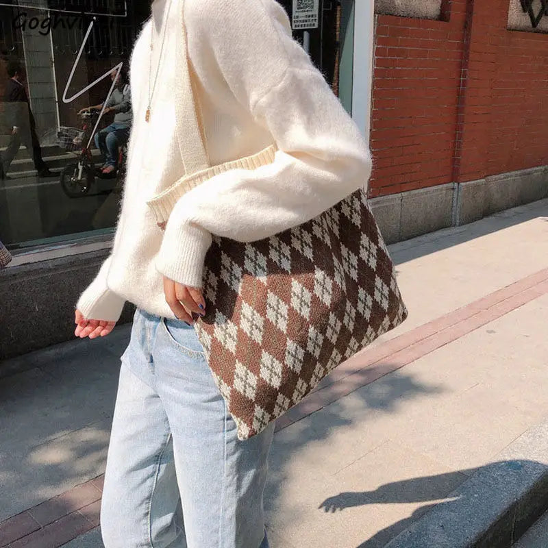 Shoulder Bags Women Vintage Knitted Winter Plaid Ins All-match Casual Tote Bag S