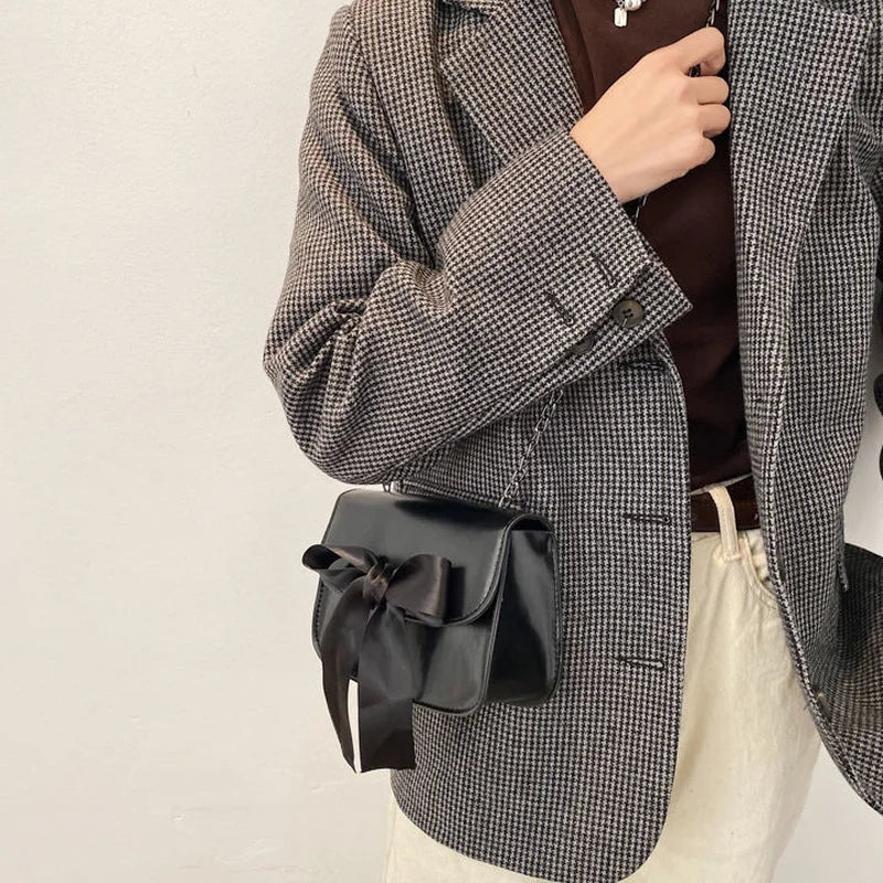 Vintage PU Leather Shoulder Bag with Bow Chain Flaps