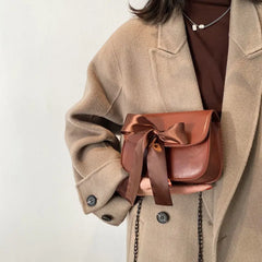 Vintage PU Leather Shoulder Bag with Bow Chain Flaps