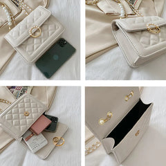 Shoulder Bag for Women Pearls Diamond Lattice Hand Bag Cross Body Chain