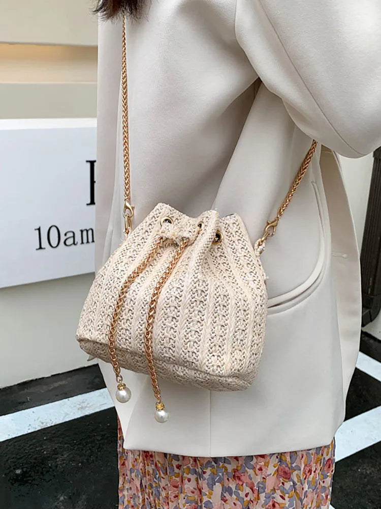 Straw Weaving Chain Women's Handbag Summer Casual Bucket Crossbody Bag