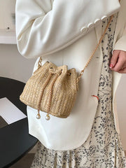Straw Weaving Chain Women's Handbag Summer Casual Bucket Crossbody Bag