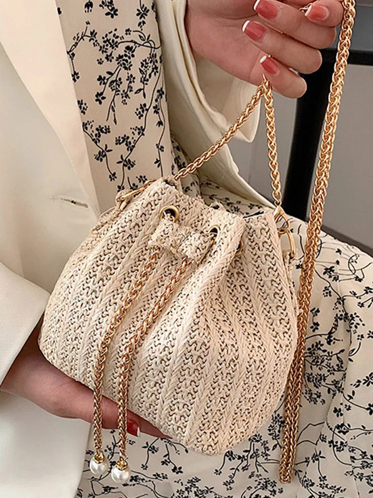 Straw Weaving Chain Women's Handbag Summer Casual Bucket Crossbody Bag