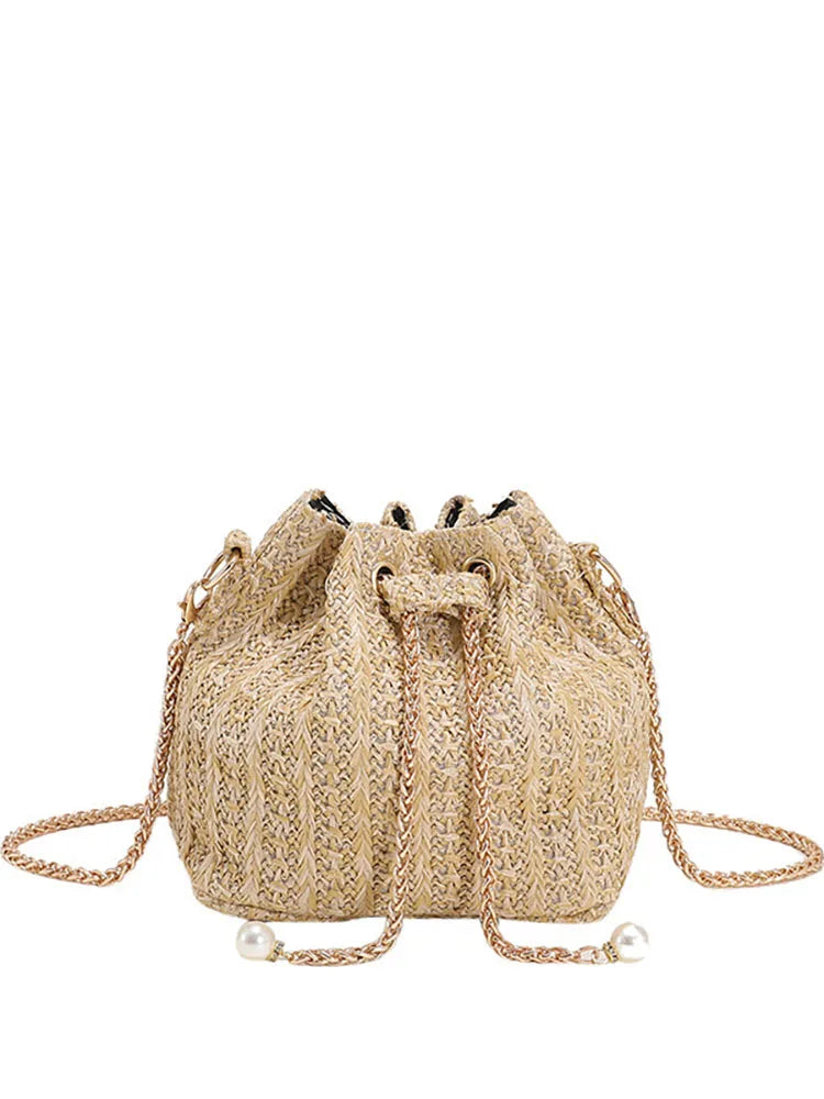 Straw Weaving Chain Women's Handbag Summer Casual Bucket Crossbody Bag