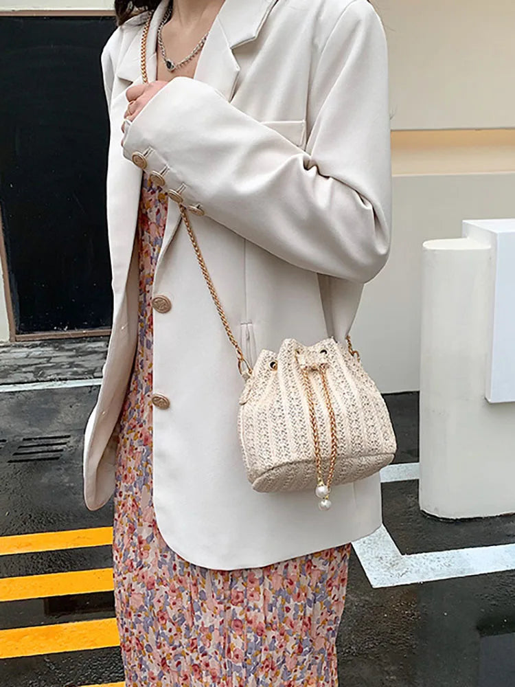 Straw Weaving Chain Women's Handbag Summer Casual Bucket Crossbody Bag