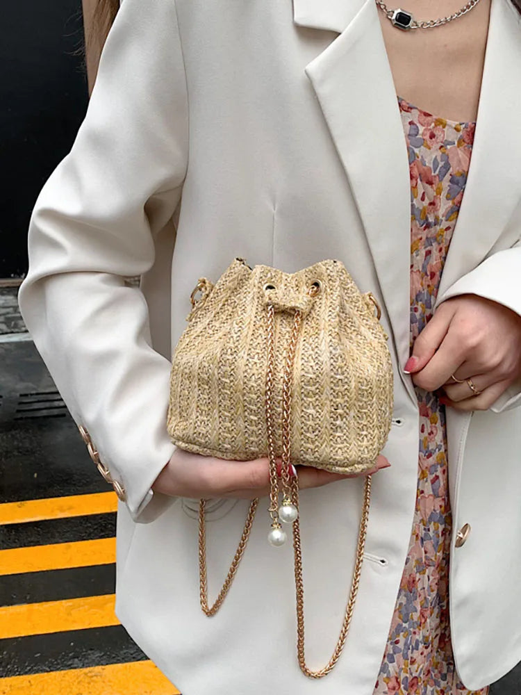 Straw Weaving Chain Women's Handbag Summer Casual Bucket Crossbody Bag