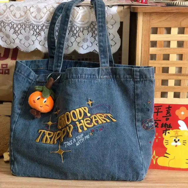 Retro Denim Embroidery Shoulder Bag Women Casual Tote