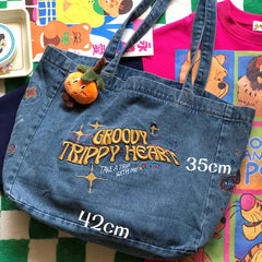 Retro Denim Embroidery Shoulder Bag Women Casual Tote