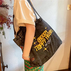 Retro Denim Embroidery Shoulder Bag Women Casual Tote