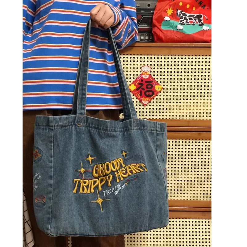 Retro Denim Embroidery Shoulder Bag Women Casual Tote