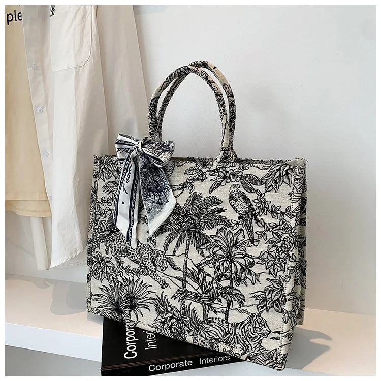 Shoulder Handbag Women Jacquard Embroidery Canvas Tote Bags