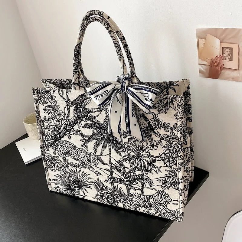 Shoulder Handbag Women Jacquard Embroidery Canvas Tote Bags