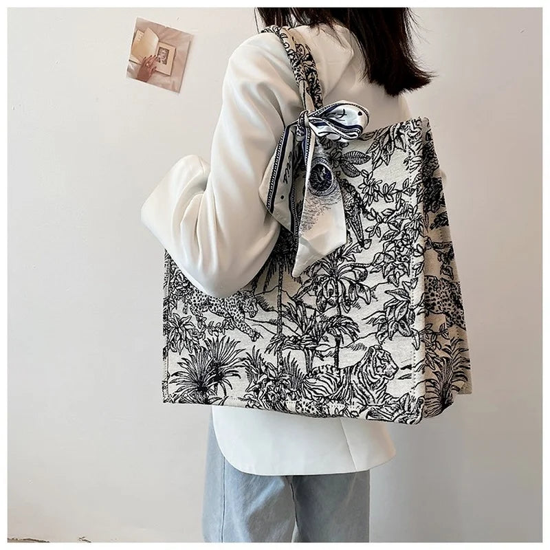 Shoulder Handbag Women Jacquard Embroidery Canvas Tote Bags