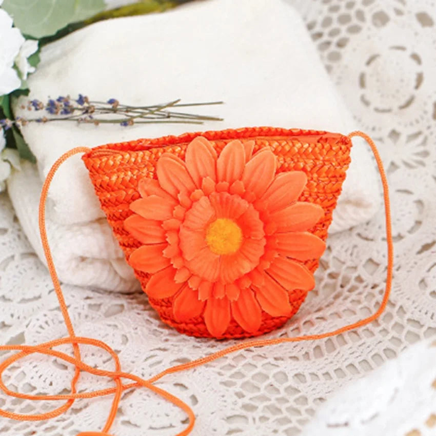 Ethnic Flower Straw Bag Mini Messenger Bag Knit Key Purse Children's Beach Bag