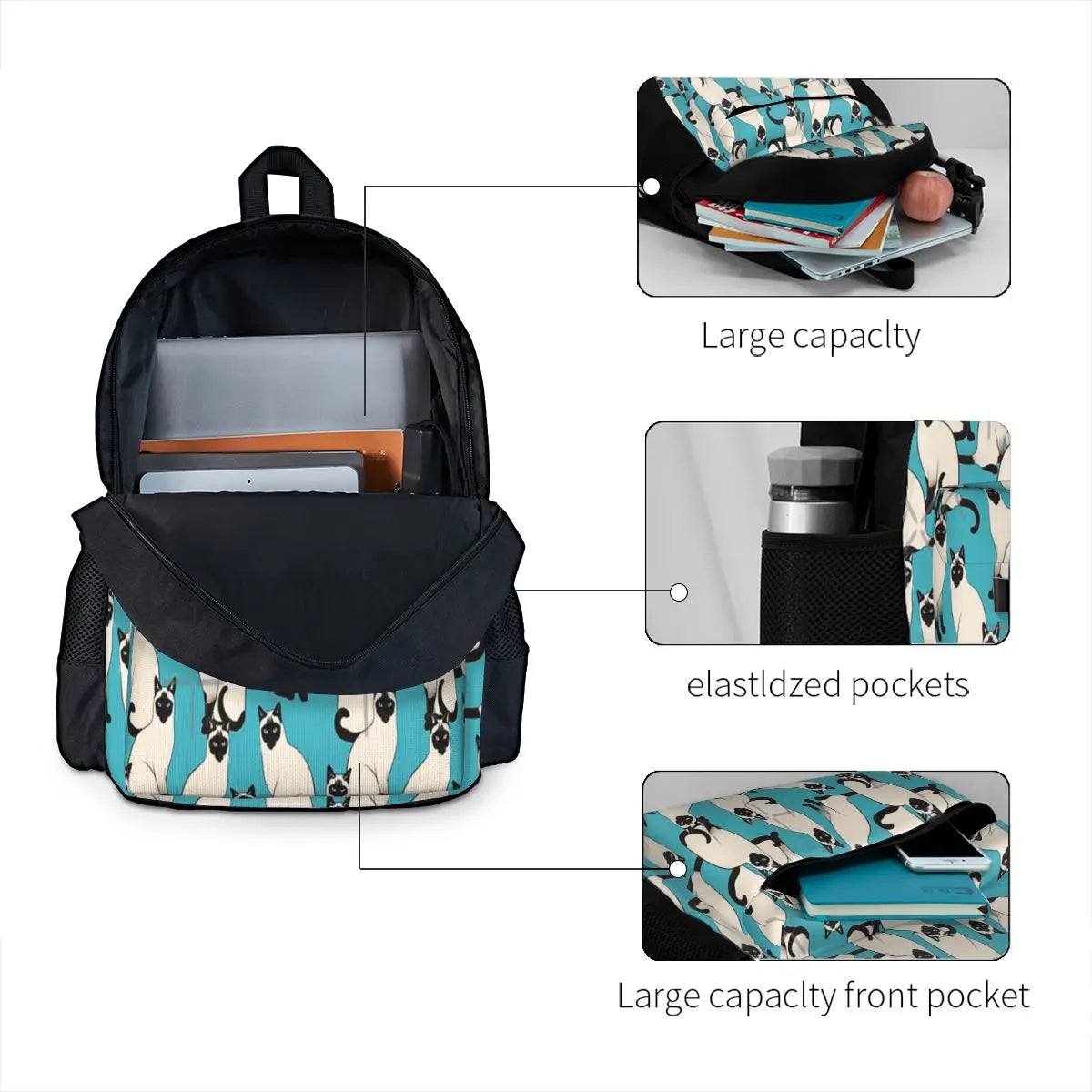 Siamese Cats on Turquoise Backpacks Men's & Women's Vintage Bags