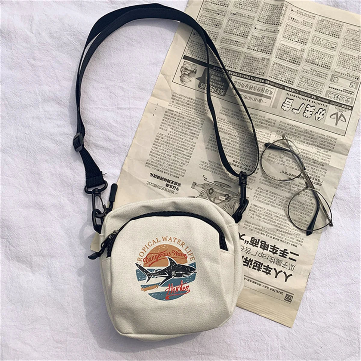 Canvas Shark Shoulder Bag Small Crossbody Purse