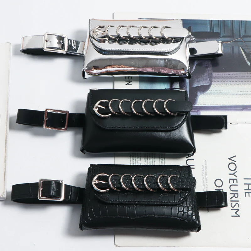 Silver PU Waist Pack For Women Adjustable Belt with Phone Bag Chest Bag Female P