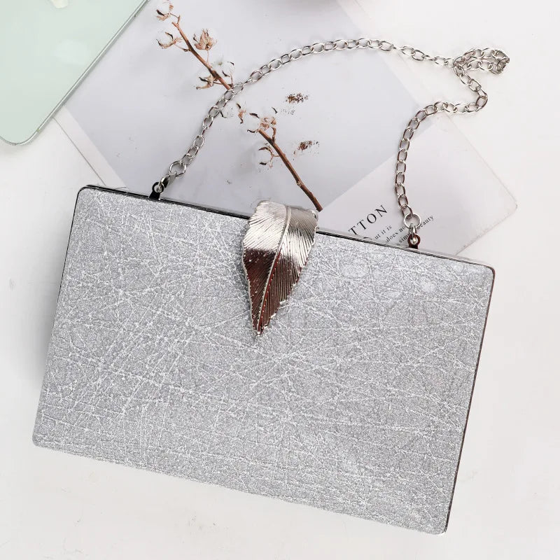 Silver Clutch Bag Womens Leaf Shape Hasp Phone