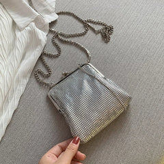 Silver Metal Women Party Clutch Bag Diamond Tassel Crossbody Chain Bag