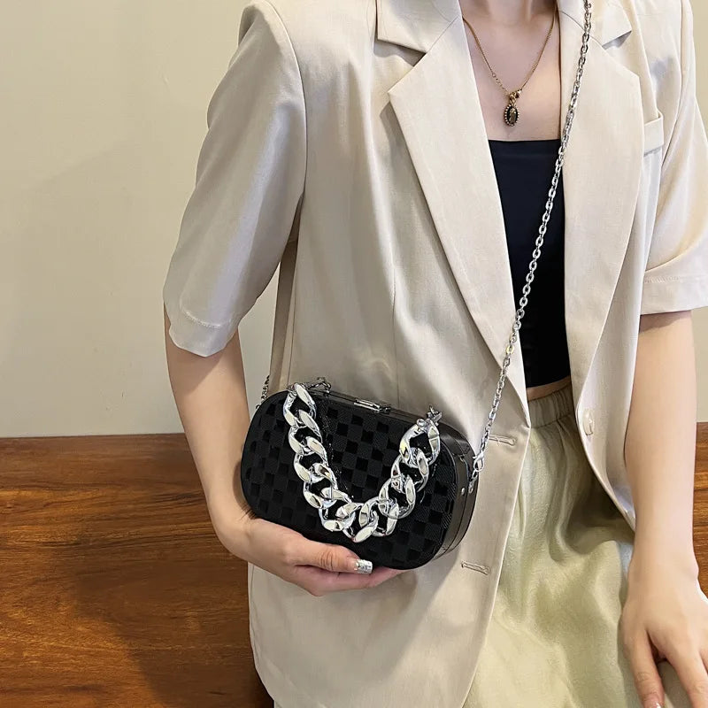 Silver PVC Box Party Clutch Bag Chain Shoulder Crossbody Mini Purse