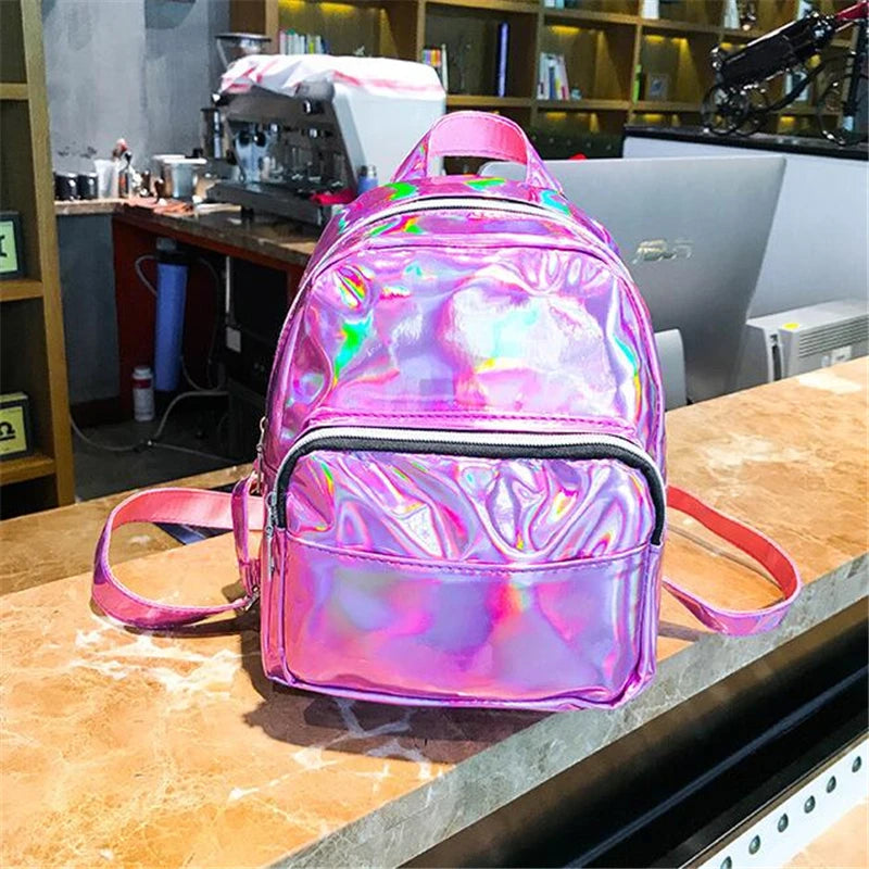 Silver Pink Laser Backpack Women Girls Bag Holographic Small Size Backpack