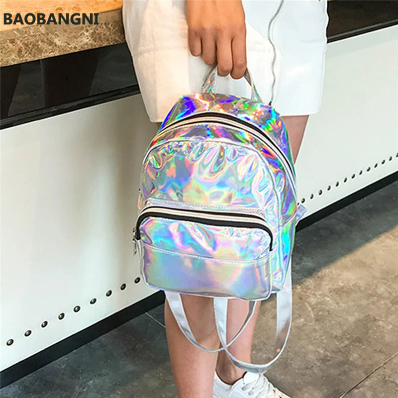 Silver Pink Laser Backpack Women Girls Bag Holographic Small Size Backpack