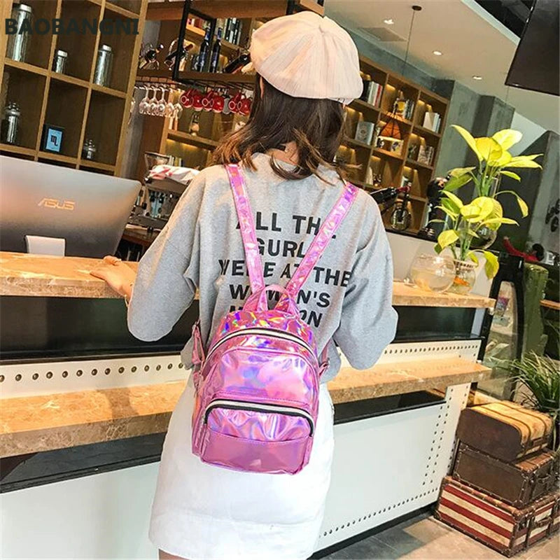 Silver Pink Laser Backpack Women Girls Bag Holographic Small Size Backpack