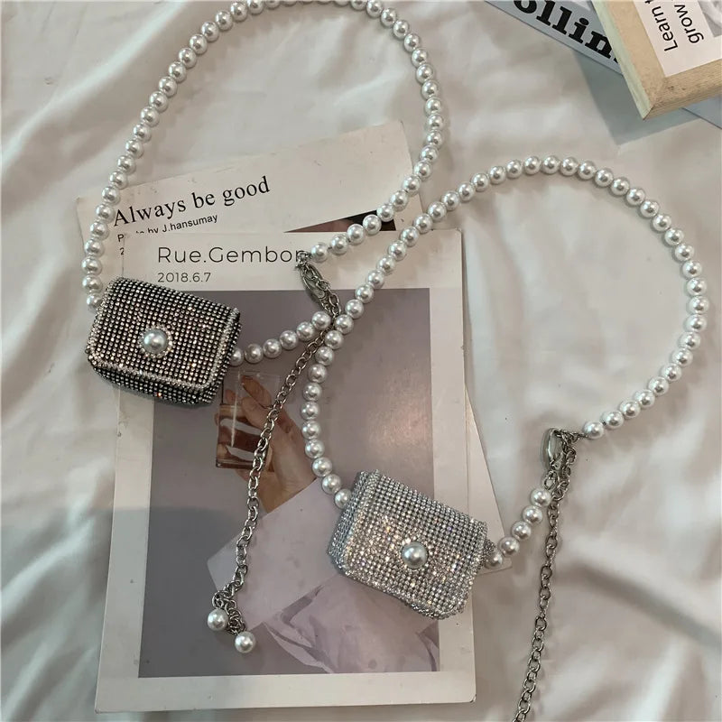 Silver Acrylic Beads Mini Handbag Shoulder Bag Crossbody Purse