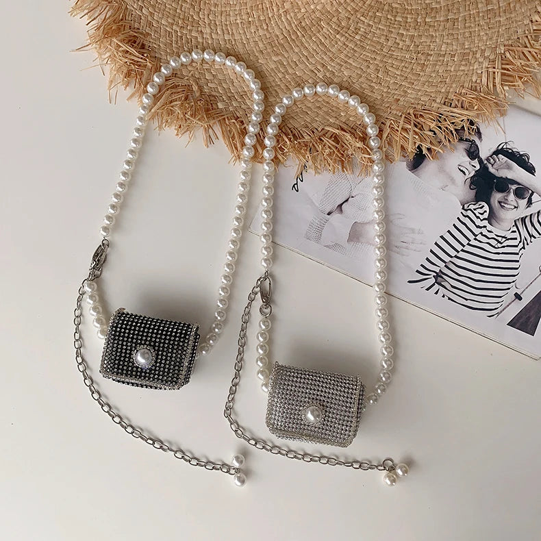 Silver Acrylic Beads Mini Handbag Shoulder Bag Crossbody Purse