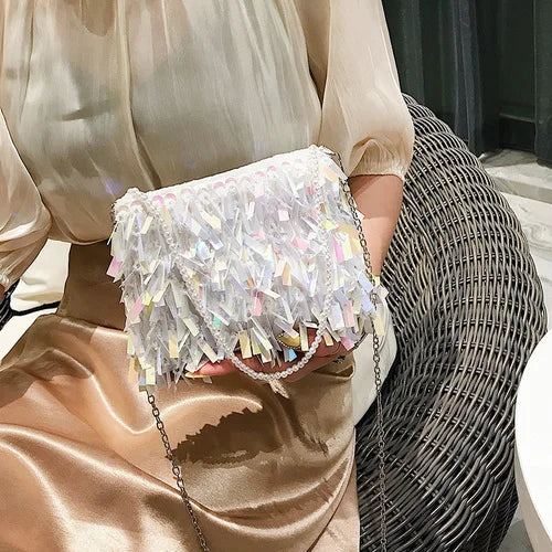 Silver Sequin Rhinestone Tassel Crossbody Clutch Handbag