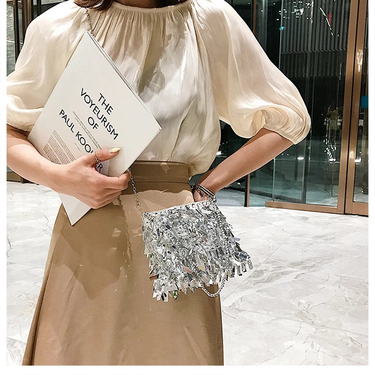 Silver Sequin Rhinestone Tassel Crossbody Clutch Handbag