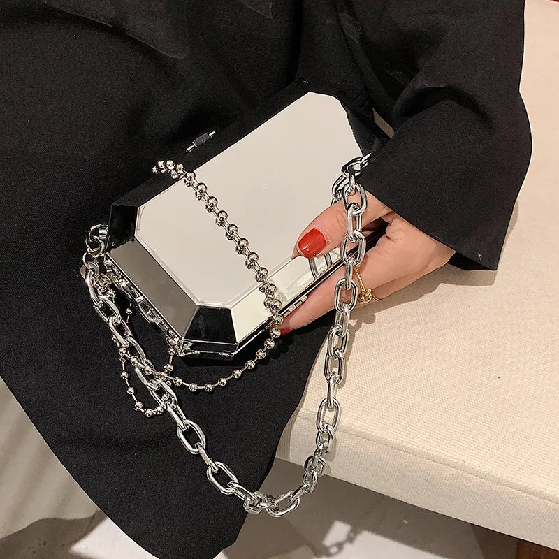 Silver Chain Party Clutch Purse for Women Shoulder Bag Crossbdoy Female