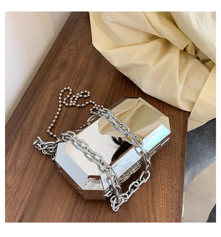 Silver Chain Party Clutch Purse for Women Shoulder Bag Crossbdoy Female