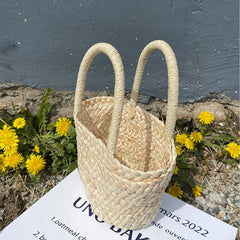 Round Bucket Straw Bag Woven Basket Rattan Handbag