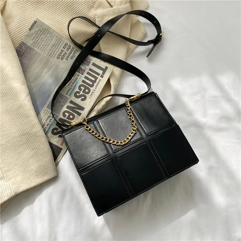 Fashionable Checkered Stitching Women's Shoulder Bag Metal Handle