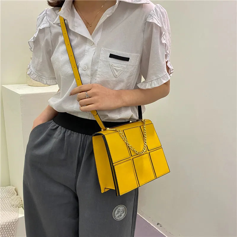 Fashionable Checkered Stitching Women's Shoulder Bag Metal Handle
