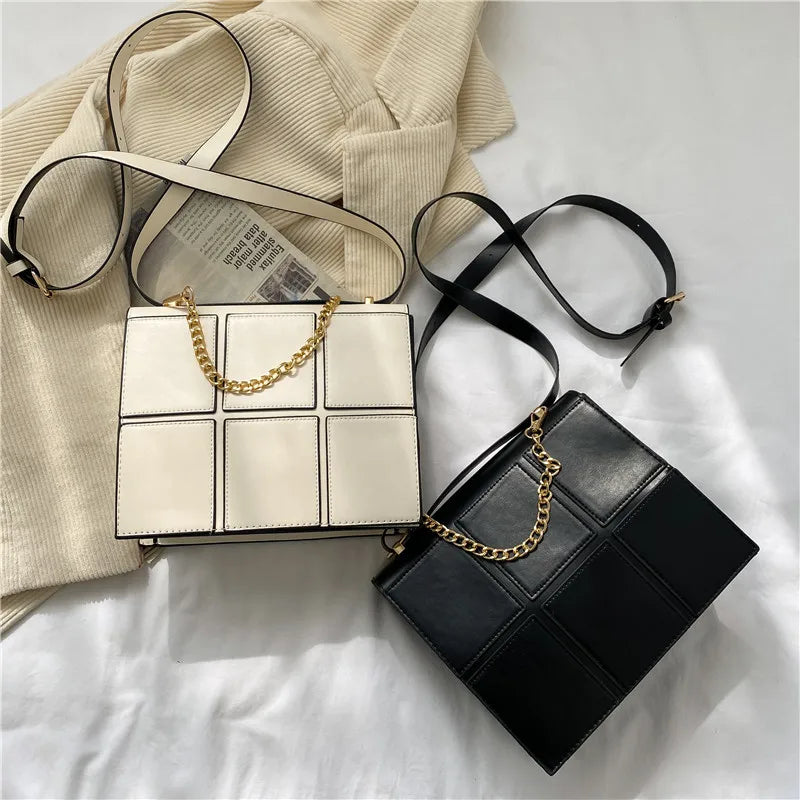 Fashionable Checkered Stitching Women's Shoulder Bag Metal Handle