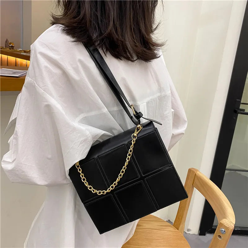 Fashionable Checkered Stitching Women's Shoulder Bag Metal Handle