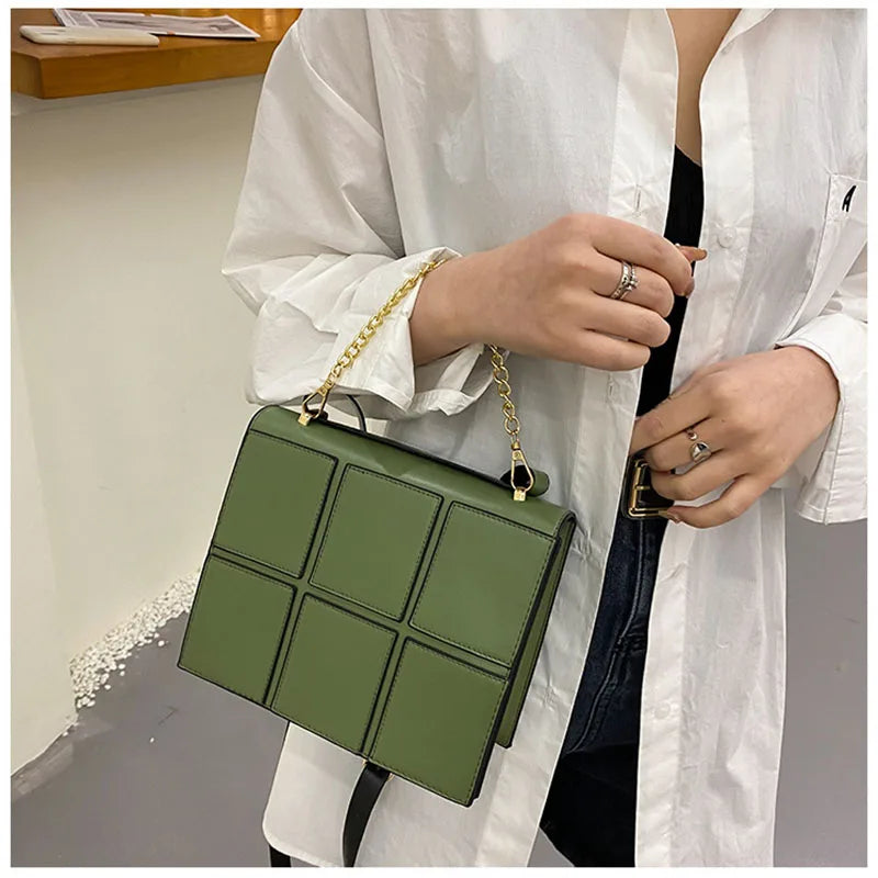 Fashionable Checkered Stitching Women's Shoulder Bag Metal Handle