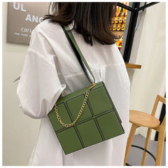 Fashionable Checkered Stitching Women's Shoulder Bag Metal Handle