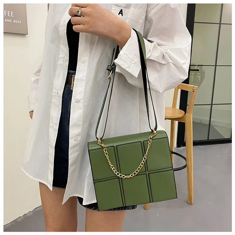 Fashionable Checkered Stitching Women's Shoulder Bag Metal Handle