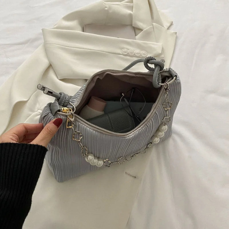 Small Fresh Chain Handbag Contrast Pleated Shoulder Bag Women