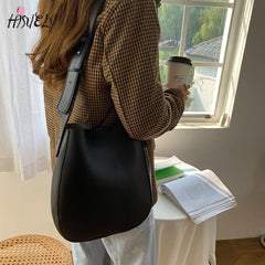 PU Leather Bucket Bag Shoulder Crossbody Purse Handbags Wide Strap
