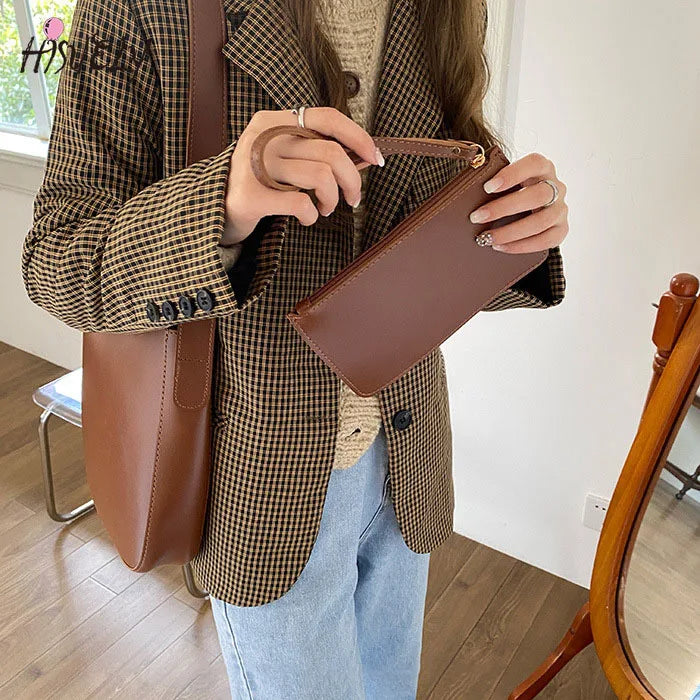 PU Leather Bucket Bag Shoulder Crossbody Purse Handbags Wide Strap