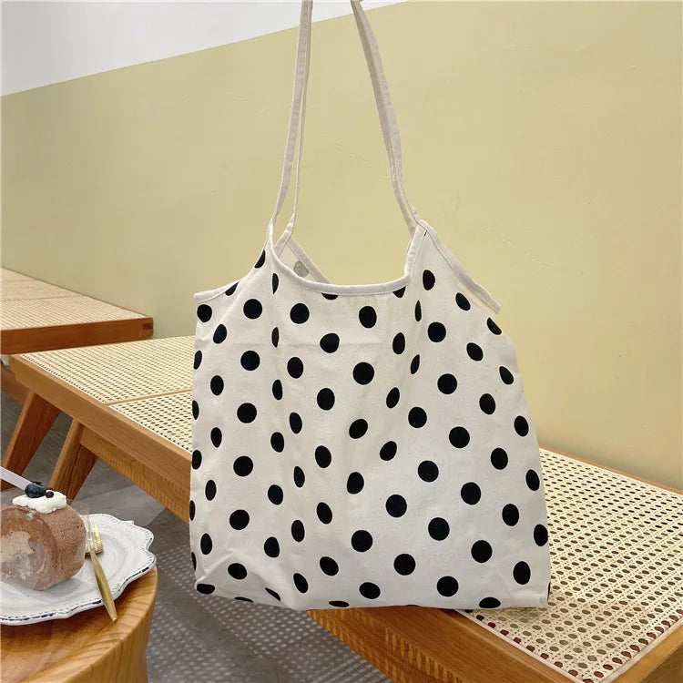 Canvas Dot Print Shoulder Bag for Women Large Capacity Casual Tote Handbag