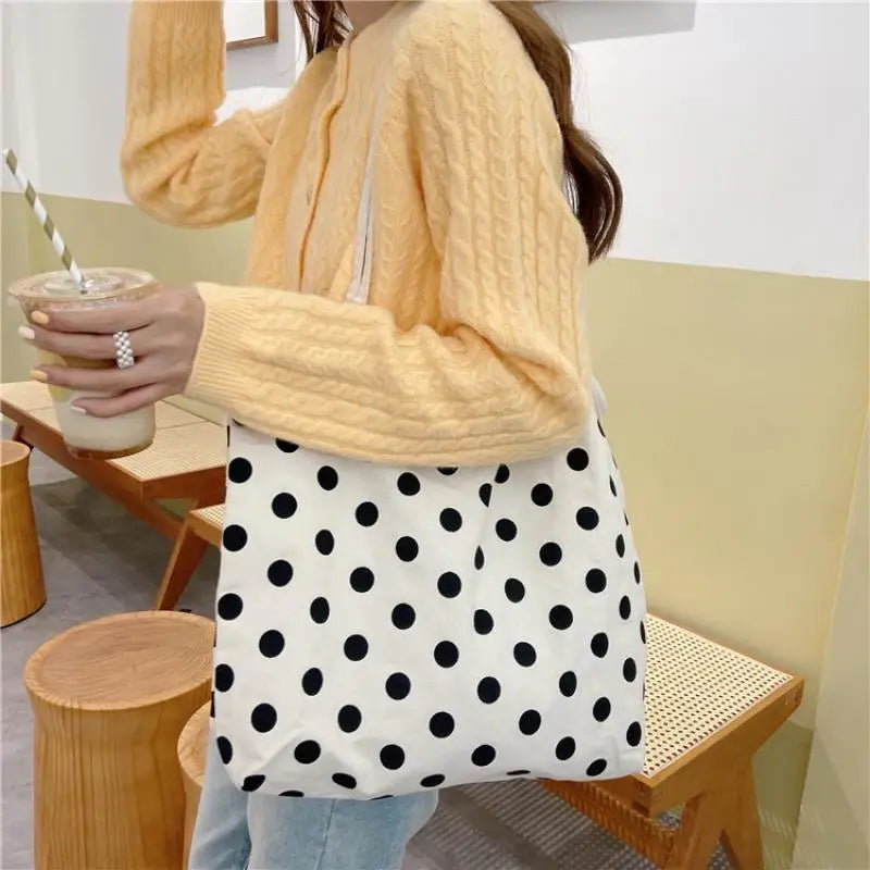 Canvas Dot Print Shoulder Bag for Women Large Capacity Casual Tote Handbag